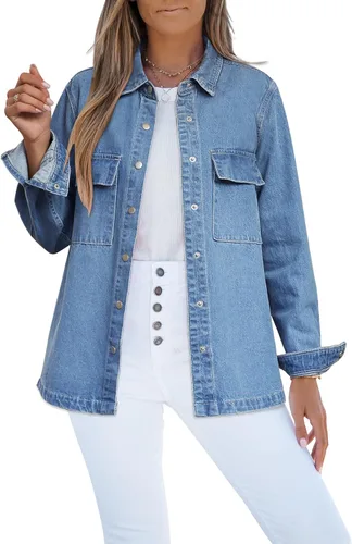 Vista 18 de Luvamia - Chaquetas de mezclilla para mujer 2025, moda de otoño, chaqueta de gran tamaño, abotonada, de mezclilla, chaqueta estilo western con azul