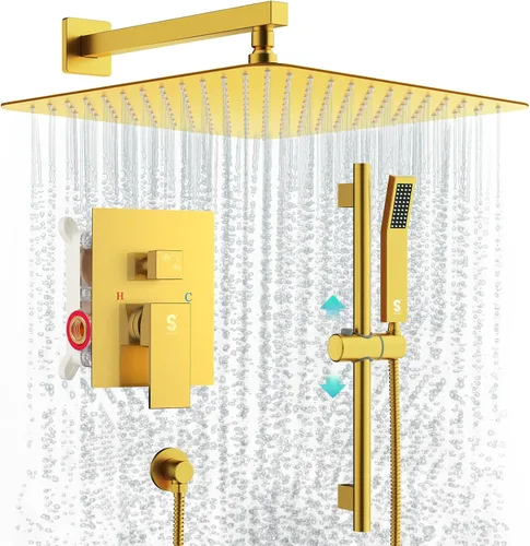SR SUN RISE Juego de Grifo de Ducha de Oro Cepillado de 12 Pulgadas, Sistema de Ducha de Mano Cuadrada Montado en Pared Ajustable con Barra de