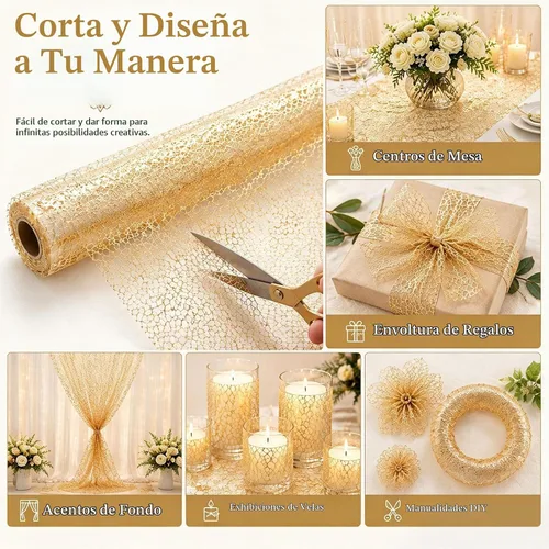 Vista 6 de Tatuo 3 piezas de camino de mesa dorado con brillo metálico, camino de mesa metálico con brillo con rollo rectangular de poliéster para decoración