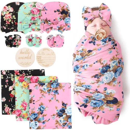 Vista 26 de DRESHOW BQUBO - Conjunto de gorro de algodón para bebé, manta para recién nacido, con orejas de oso, tarjeta de anuncio de nacimiento de madera