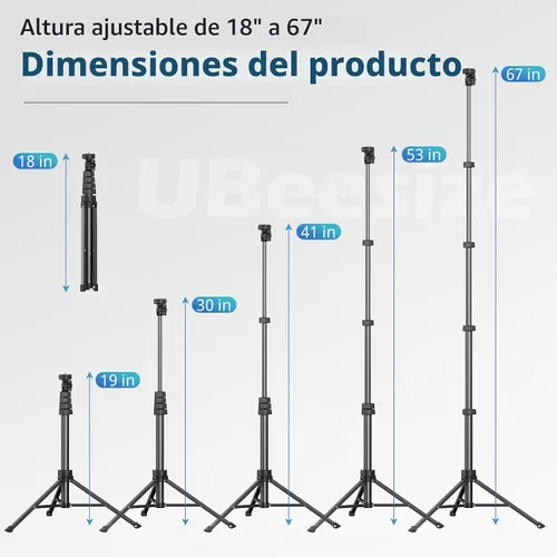 Vista 2 de UBeesize Trípode de teléfono de 62 pulgadas y palo para selfies, trípode para cámara con control remoto inalámbrico y soporte para teléfono Negro