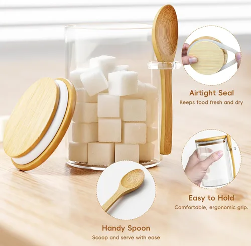 Vista 3 de Tarro de vidrio para azúcar y sal, recipiente de 15 onzas transparente con tapa hermética de bambú y cuchara, para almacenamiento de avena, sal