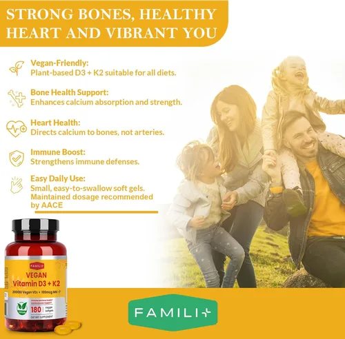 Vista 9 de FAMILI+ 180 Días de Vitamina Vegana D3+K2 en Cápsulas Blandas con Aceite de MCT de Coco 2000UI de Vitamina D3 de Fuente Vegetal + 100 mcg