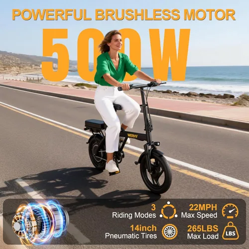 Vista 3 de WERHY Electric Bike for Adults, 500W Motor, 22 MPH Max Speed Folding Ebike, 14" Electric Bicycles, Max 30/40/50 Miles Range (Pedal Assist Mode)