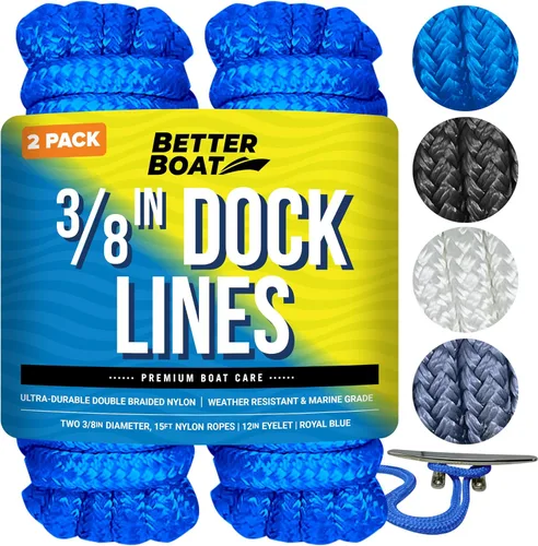 Vista 14 de Líneas de muelle para barcos de 1/2 pulgada x 25 pies, paquete de 2 cuerdas de nailon trenzado doble con bucle de 12 pulgadas, línea de amarre