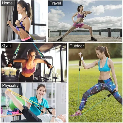 Vista 6 de Juego de bandas de resistencia, bandas de ejercicio con asas y anclaje de puerta, correas de tobillo para terapia física, entrenamiento