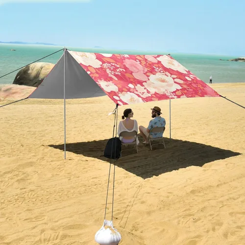 Vista 7 de Pink White Carnation Flowers Beach Canopy UPF50+ Protection Waterproof Large Sun Shade Includes Sand Shovel, Sandbags, Stability Poles for Camping