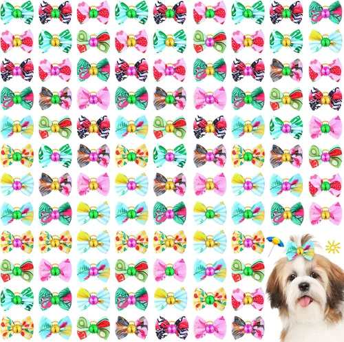 Tondiamo Paquete de 100 Lazos para el Cabello de Perro de Verano y Primavera con Bandas de Goma Lindos Lazos para Cachorros para Perros Lazos de