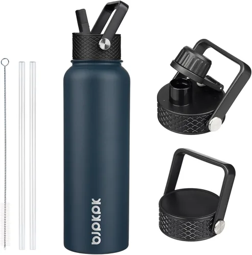Vista 60 de BJPKPK - Botellas de agua aisladas con tapa de popote, botella de agua de acero inoxidable de 27 onzas con 3 tapas, termo de metal libre de BPA a