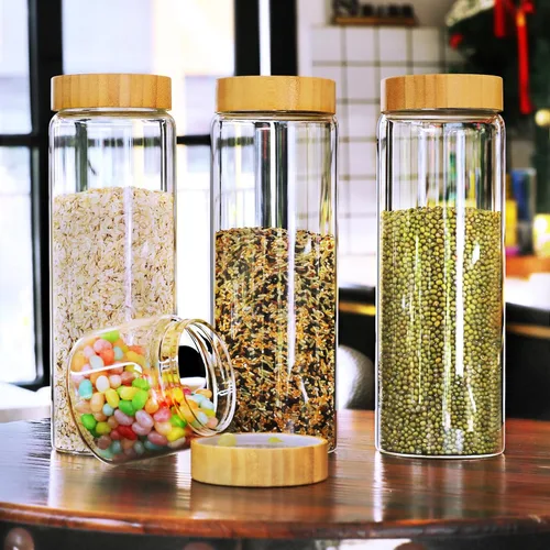 Vista 6 de Botes de vidrio con tapas herméticas de bambú - Juego de 3 envases de 80oz para cereales, frascos para galletas, almacenamiento de pasta - Tarros