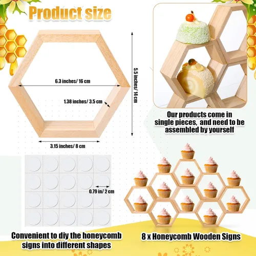 Vista 2 de Kigley 8 piezas de mini panales de panal, soporte hexagonal de madera para pasteles, letrero flotante hexagonal para mesa de baby shower, fiesta