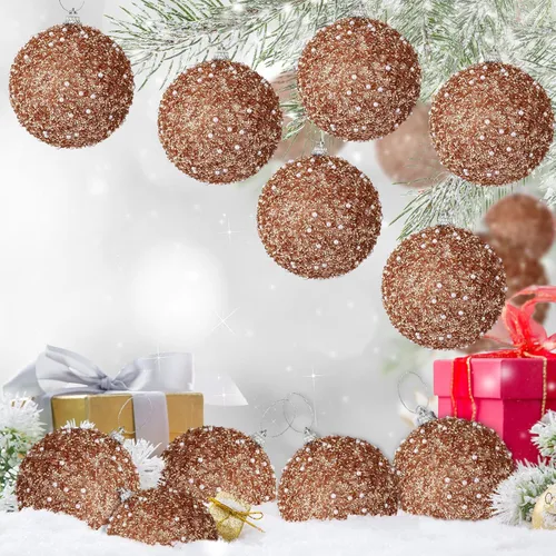 Vista 7 de Lyrow Juego de 24 adornos de bolas de Navidad con purpurina de 4 pulgadas, bolas de Navidad a granel de espuma de lentejuelas para colgar, bolas