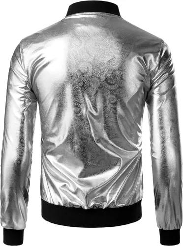 Vista 3 de ZEROYAA Chamarra estilo hipster con cremallera para hombre, diseño metálico brillante