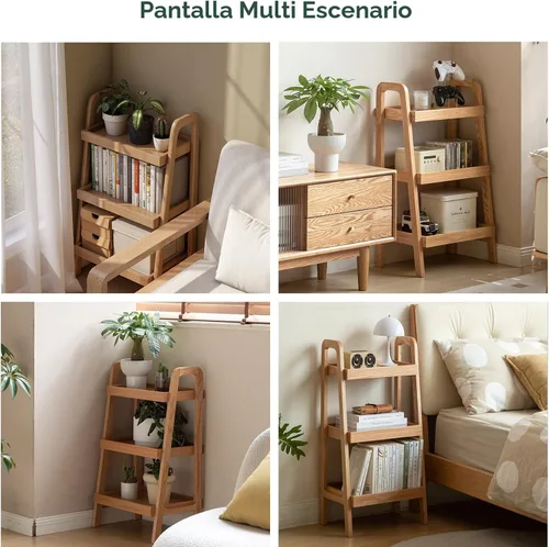 Vista 7 de Estantería de escalera de 3 niveles 100% roble macizo, estantería pequeña, estantería de escalera, estantería con marco estable, mesa pequeña