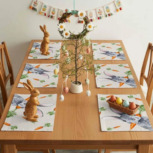 Vista 7 de Easter Placemats Funny Rabbit Carrots Place Mats for Dining Room Dinner Table Leaves Retro Washable Table Mats Spring Easter Day Kitchen Decorations
