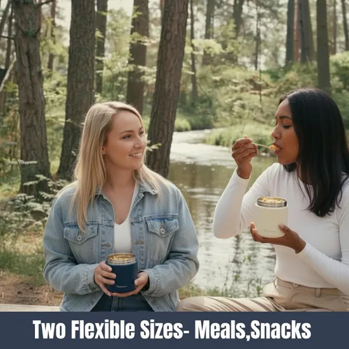 Vista 6 de Juego de 2 tarros de alimentos aislados de acero inoxidable (16 onzas + 12 onzas), boca ancha, termo de sopa para almuerzo de comida caliente