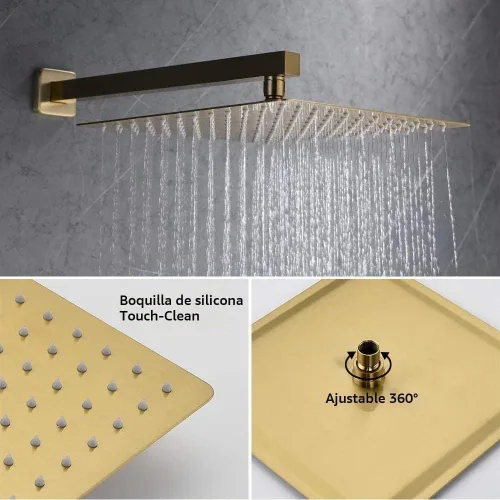 Vista 4 de IRIBER - Sistema de ducha de lluvia con cabezal de ducha fijo y de mano de alta presión Oro cepillado