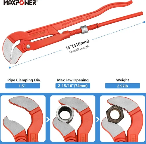 Vista 2 de MAXPOWER Llave para tubos sueca de 15 pulgadas, con mordaza en forma de S