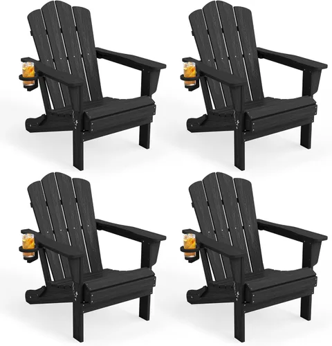 Vista 23 de KINGYES Silla plegable estilo Adirondack, sillas de patio resistentes a todo clima de HDPE, silla de césped con textura de madera para junto a