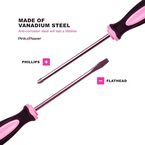 Vista 4 de Pink Power Magnetic Screwdriver Set - 6 Piece Phillips Head and Flat Head Hand Pink Tool Set for Women & Ladies - Insulated Screwdriver Kit with