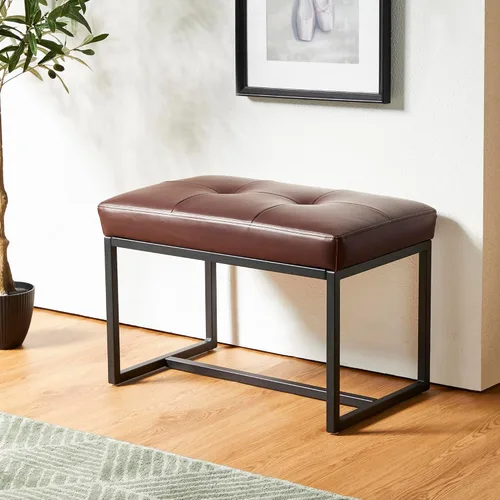 Vista 17 de Glitzhome Banco otomano, sillas modernas de piel sintética con marco de metal, taburete de maquillaje, taburete acolchado para sala de estar, Negro