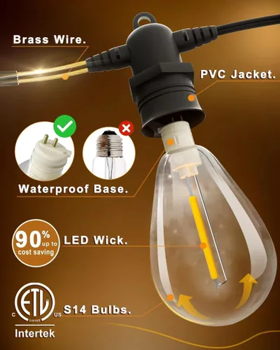 Vista 2 de Jerritte - Cadena de luces LED para exteriores de 60 pies con 16+1 bombillas Edison inastillables IP65 impermeables, 2700K regulables, luces