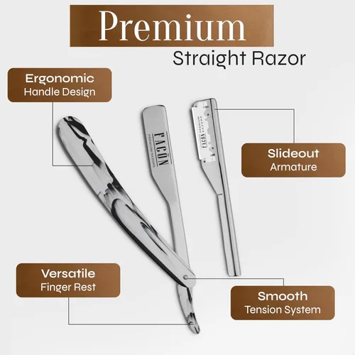 Vista 6 de Facón Navajas rectas para hombres - Kit de navaja de barbero profesional de borde recto con 100 cuchillas, afeitadora clásica de acero inoxidable