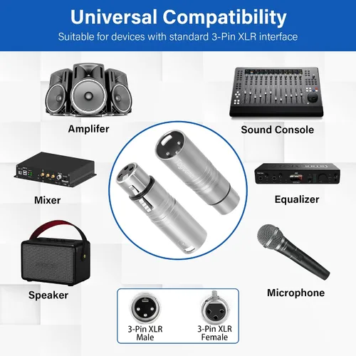 Vista 5 de Adaptador de micrófono XLR 2 unidades, 3 pines XLR macho a hembra, convertidor de conector de extensión de audio para altavoz, mezcladores,