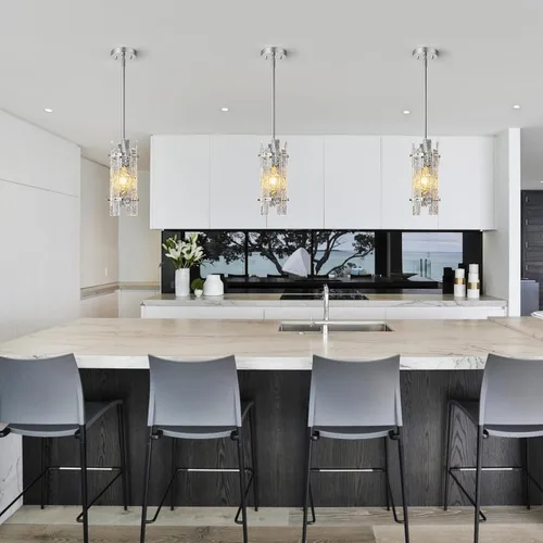Vista 6 de Iluminación colgante de cristal moderna, luces colgantes cromadas, mini candelabros de cristal, lámpara colgante ajustable para cocina, isla