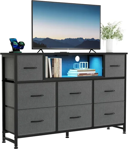 Vista 10 de DUMOS Mueble de TV con 8 cajones de tela, cómoda de 8 cajones con control de aplicación luces LED y estación de carga tipo C, torre de Marrón