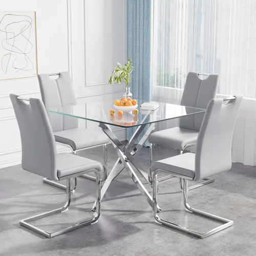 Vista 27 de Juego de mesa de comedor de 36 pulgadas para 4, moderna parte superior cuadrada de vidrio templado, mesa de patas de acero inoxidable con acabado