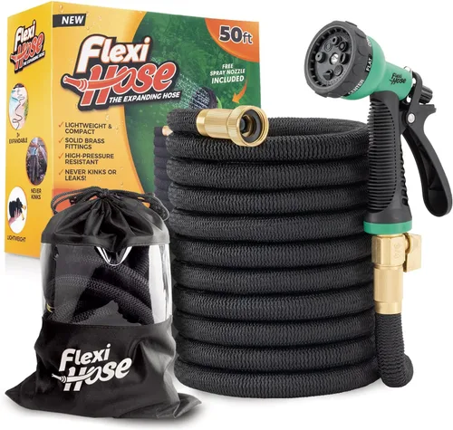Flexi Hose Plus Manguera de jardín expandible con boquilla de 8 funciones, 50 pies, manguera de jardín retráctil ligera, manguera de agua,
