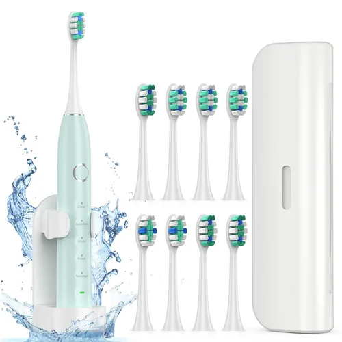 Vista 14 de Cepillo de dientes eléctrico para adultos con 8 cabezales de cepillo, cepillo de dientes sónico recargable con un soporte y estuche de viaje, carga