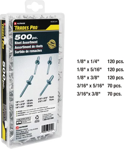 Vista 2 de Tradespro 836341 remaches de aluminio surtidos, 500 piezas, varios tamaños