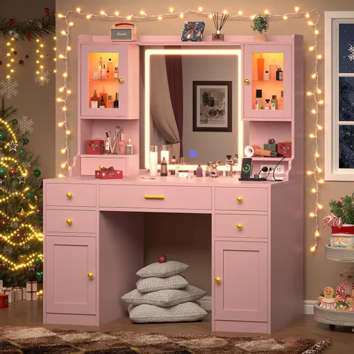 Vista 9 de Escritorio de tocador con espejo iluminado LED, mesa de tocador de maquillaje de 41.3 pulgadas con toma de corriente y 6 cajones y estantes