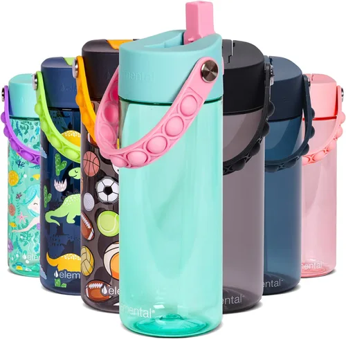 Vista 16 de Elemental Botellas de agua para niños – Botella de agua para niños Splash para la escuela con mango Pop-it – Botella de agua de plástico Tritan sin