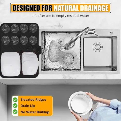 Vista 6 de Luxet Alfombrilla de silicona para secar platos con borde de drenaje integrado, almohadilla de secado higiénica, bandeja resistente compacta y fácil