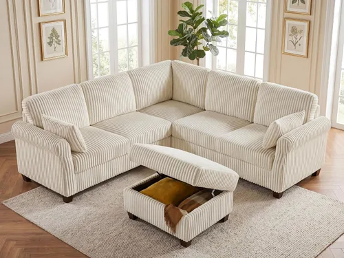 Vista 7 de Sofá modular modular en forma de V de 90.6 pulgadas, sofás esquineros de pana con otomana de almacenamiento, sofá grande tapizado de 6 asientos