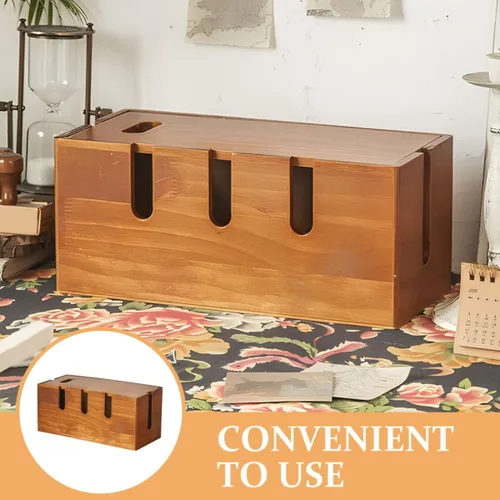 Vista 4 de TEHAUX Rustic Solid Wood Cable Organizer Container Power Strip Cord Management Case for Desk Router Storage for Office and Home Use