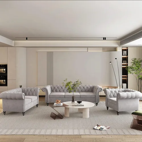 Vista 24 de Juego de 2 piezas para sala de estar, sofá loveseat Chesterfield de terciopelo con silla, brazos enrollados y tachuelas para sala de estar, oficina