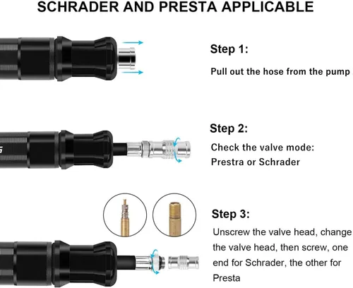 Vista 3 de Mini bomba de bicicleta portátil 80 PSI bomba de neumático de bicicleta se adapta a válvulas Presta y Schrader, ligera y tamaño de bolsillo