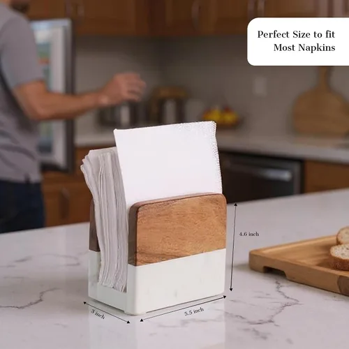 Vista 5 de Servilletero de madera de mármol y acacia – Moderno soporte vertical de papel para mesa de cocina, base pesada, accesorio de mesa resistente, regalo