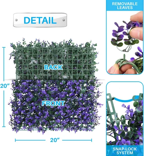 Vista 4 de Patio Paradise - 6 paneles de setos artificiales de lavanda púrpura de 20 x 20 pulgadas, pantalla decorativa para valla de privacidad, pared