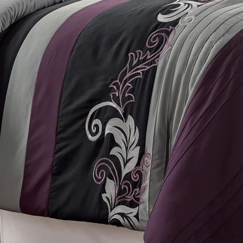Vista 9 de Chezmoi Collection Napa - Juego de edredón de lujo de 7 piezas con bordado de hojas (tamaño matrimonial, negro/gris/blanco)