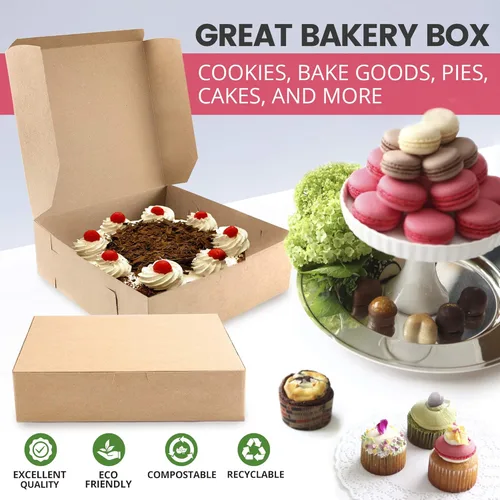 Vista 4 de Fit Meal Prep Paquete de 25 Cajas de Panadería de Papel Kraft, Cajas de Pastelería Marrones de 8 x 8 x 3 Pulgadas, Cajas de Cartón para Dulces