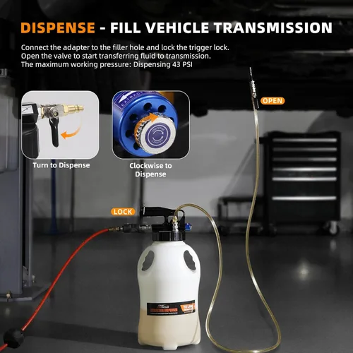Vista 3 de FOUR UNCLES Bomba de fluido de transmisión de 10L - Extractor y dispensador de fluidos de transmisión neumática con 15 adaptadores de metal ATF