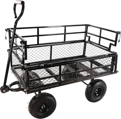 Vista 5 de Carro de jardín resistente con lados plegables, neumáticos neumáticos, mango ajustable (doble capa negra)