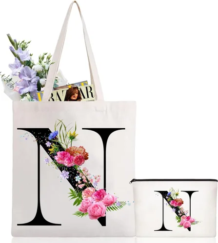Vista 18 de Andeiltech - Bolsa de lona con inicial floral, personalizada, bolsa de maquillaje con monograma, regalo para damas de honor, cumpleaños, boda