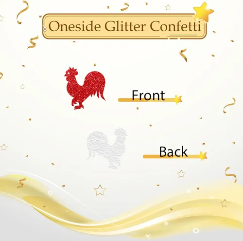 Vista 4 de 100 piezas de confeti de gallo, confeti de mesa de pollo con purpurina roja, dispersos de papel para fiesta de primer cumpleaños, decoración de mesa