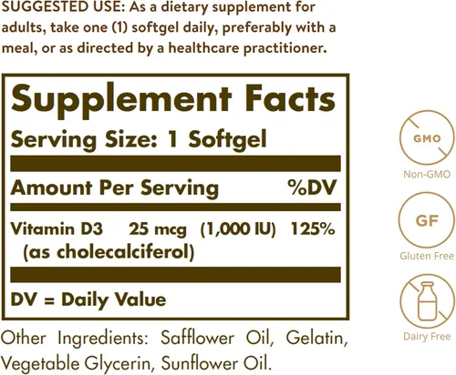 Vista 2 de Solgar - Vitamina D3 (colecalciferol) 25 MCG (1000 UI), 250 cápsulas blandas - Ayuda a mantener huesos y dientes sanos - Apoyo al sistema